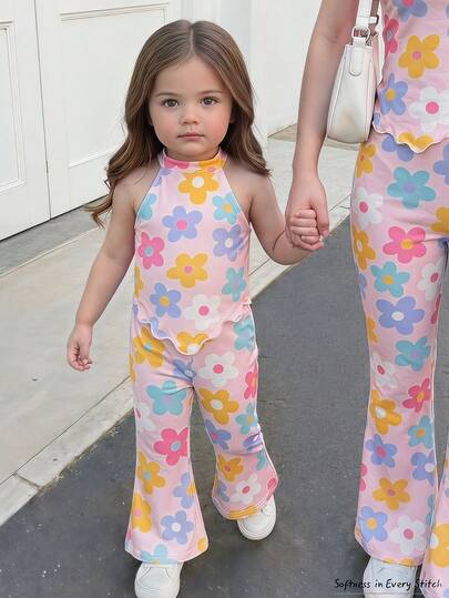 Cozy Pixies Baby Girl Summer Casual Cute & Soft Pink Floral Knit Halter Top And Flare Pants 2 Pieces Set