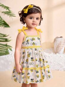 SHEIN Playful Pals 女嬰可愛卡通蜜蜂印花對比色綁肩無袖A字軟休閒洋裝，夏季 - 黃色 - 查看 2