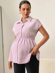 MaterniWear Áo sơ mi bầu thời trang, ngọt ngào, cài cúc đơn cho kỳ nghỉ - Màu Hồng baby - Xem 5