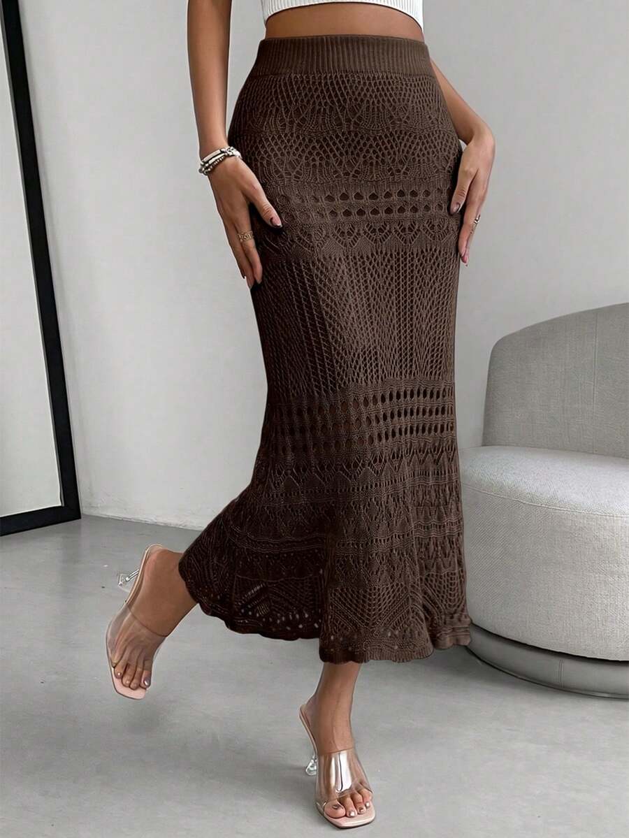 SHEIN 女士纯色休闲百搭日常针织裙 - 咖啡棕 - 查看 1