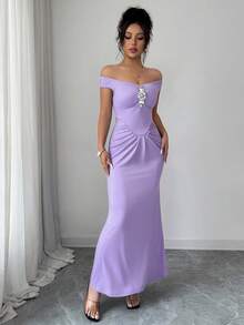 Rafferiza Đầm maxi ôm sát eo xếp ly, trễ vai, đính đá màu tím oải hương, thích hợp cho mùa xuân hè, váy dạ hội sang trọng cho tiệc tùng và hẹn hò. - Màu tím - Xem 6