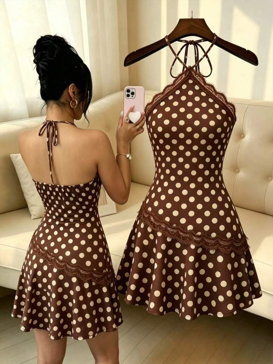Qadelle Đầm ren chấm bi màu nâu dành cho nữ, trang phục đi nghỉ mát, trang phục thường ngày, đầm màu nâu, đầm cổ yếm. - màu nâu - Xem 1