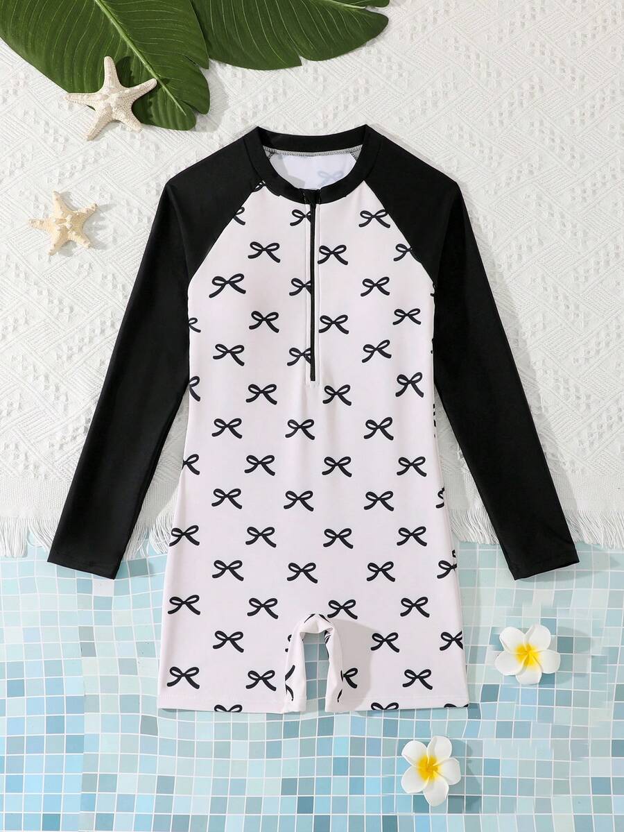 Traje de baño de una pieza con mangas raglán y estampado de moños, con shorts, para niña preadolescente - Blanco - Ver 1