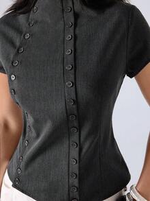 LYSMO 2026 New Minimalist Spring/Summer Women's Fashion Button-Up Turtleneck Blouse, Versatile For Daily Wear And Outings - Dark Grey - View 7