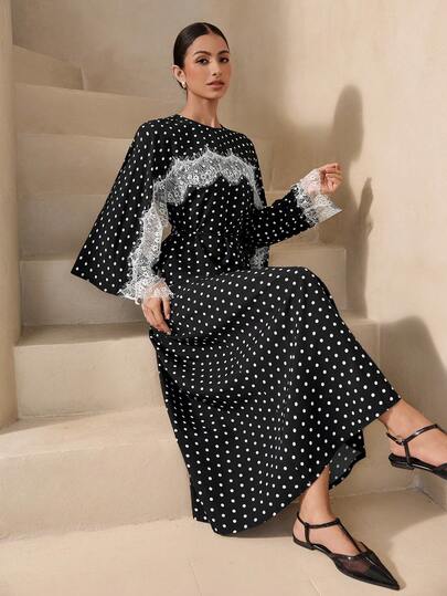 Graceveil Elegant Loose Lace Patchwork Polka Dot Round Neck Long Sleeve Arabic Style Dress, Suitable For Women, Spring/Summer