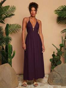Travachic Vestido sin mangas de cuello en V de unicolor para mujer - Rojo violeta - Ver 5
