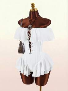 Amplova Bộ jumpsuit dáng chữ A trễ vai, xếp ly eo, lãng mạn cho kỳ nghỉ của phụ nữ - trắng - Xem 3