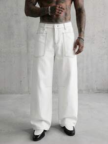 AXEPEAK Men's Casual Everyday Commute Versatile Contrast Stitch Patch Pocket Loose Wide-Leg Jeans - White - View 1