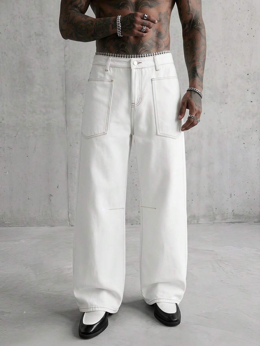 AXEPEAK Men's Casual Everyday Commute Versatile Contrast Stitch Patch Pocket Loose Wide-Leg Jeans - White - View 1