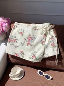 Comfortcana Váy quần jean trắng buộc dây bên hông họa tiết hoa dành cho nữ - trắng - Xem 5