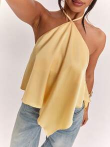 SHEIN BAE Áo hai dây satin màu vàng trơn, kiểu dáng thường ngày, hở lưng, vạt bất đối xứng, thích hợp cho kỳ nghỉ biển, kỳ nghỉ thư giãn cùng chị em, áo hai dây thanh lịch, áo hai dây satin tiện dụng, áo hai dây satin màu vàng, áo hai dây sang trọng. - Vàng nhạt - Xem 3