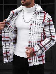 Manfinity CasualCool Abrigo de forro polar de manga larga con contraste de color a cuadros para hombres - Rojo - Ver 5