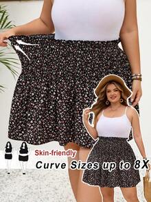 SHEIN CURVE+ 夏季碎花印花纸袋腰半身裙 - 彩色 - 查看 1