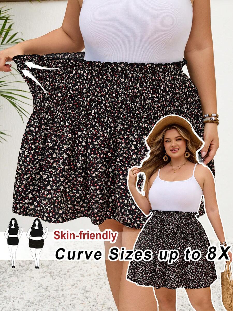 SHEIN CURVE+ 夏季碎花印花纸袋腰半身裙 - 彩色 - 查看 1