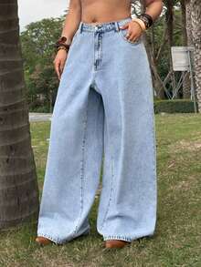 Jeanoix Quần jeans nữ dáng suông rộng rãi, chất liệu wash nhẹ, cỡ lớn, phong cách Y2K. - Rửa nhẹ - Xem 5