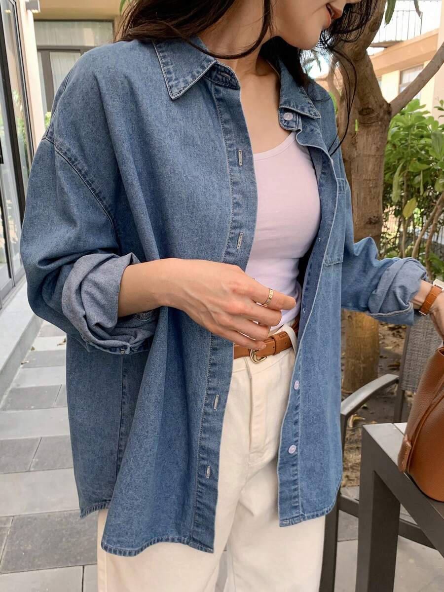 DAZY Blusa vaquera holgada y casual, chaqueta vaquera, ropa de mujer de manga larga para otoño - Lavado ligero - Ver 1