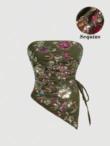 SHEIN MOD Áo ống nữ thời trang mùa hè đính sequin thêu hoa, vạt bất đối xứng - xanh quân đội - Xem 3