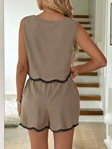 Easowa Conjunto informal de 2 piezas de mujer con top sin mangas con volantes y bordado floral en unicolor y shorts, adecuado para vacaciones de verano y uso diario - Marrón Mocha - Ver 8