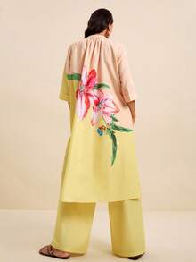 LOTSLUV Women's Elegant Pink Floral Golden Yellow Floral Print 2-Piece Set, Round Neck Loose Blouse Straight Leg Pants, Vacation Outfit Autumn - Multicolor - View 2
