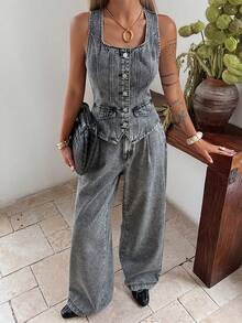 DAZY Bộ đồ denim nữ cổ vuông và quần ống đứng dáng rộng, phong cách đường phố thường ngày, màu denim bạc màu, phong cách Y2K. - Xám - Xem 3