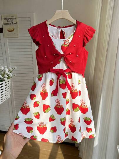 Strawberry Shortcake X SHEIN Tween Girl Beaded Decor T-Shirt & Strawberry Print Dress 2-Piece Set