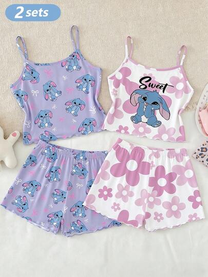 4pcs/2sets Girls Cute Rabbit Print Camisole & Shorts Casual Comfortable Homewear Set, Suitable For Indoor & Outdoor Wear, Fashionable & Elegant