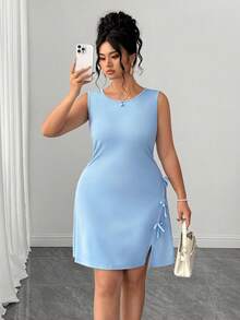 Elenzga Vestido azul elegante y exquisito de talla grande con decoración de lazo para primavera, verano y otoño, ideal para uso diario, vacaciones y ocasiones casuales - Azul - Ver 3