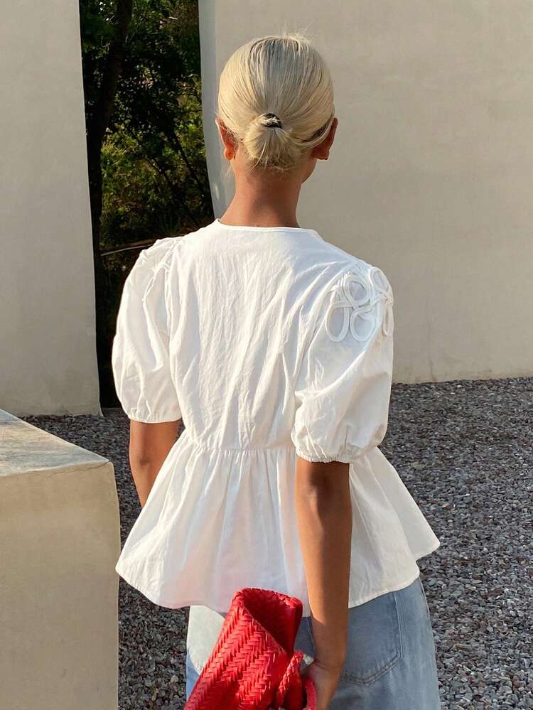 Women's Loose Tie V-Neck Lantern Sleeve Casual Summer Top