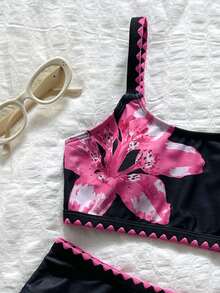 SHEIN Tween Girls' Colorblock Floral Print Shell Trim Swimwear Set, Summer Beach Vacation - Black - View 3