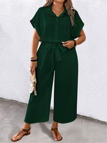 EMERY ROSE Women's Plus Size Solid Color Short Sleeve Lapel Belted Pockets Casual Jumpsuit Vacation Dark Green Summer - Green - View 6