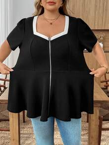 SHEIN CURVE+ Blusa casual y elegante de talla grande para mujer con cuello cuadrado, manga corta y dobladillo con onda y cremallera - Blanco y Negro - Ver 6