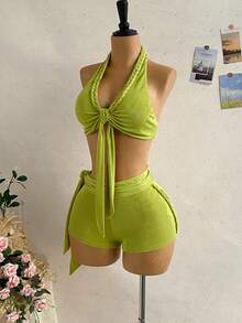 Soleia Conjunto de 2 piezas de top halter plisado con nudo delantero y shorts con cintura anudada para mujer - Verde - Ver 6