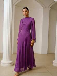 ZEYLAH Fitted Asymmetric Oversized Sleeve Long Dress, Spring - Purple - View 4