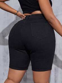 SHEIN Tall CURVE 大码女式白色牛仔弹力紧身短裤 - 黑色 - 查看 2