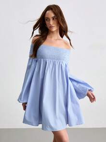 CielaLinda Robe mini à manches longues et épaules dénudées pour femmes - Bleu azur - Voir 6