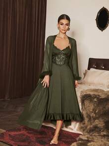 Slumberist 2pcs/Set Fishbone Design Waist Lace Camisole Nightgown + Floral Trim Wide Sleeve Mesh Robe - Army Green - View 4