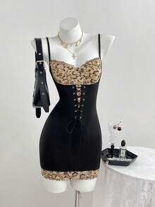 Elamini Women's Summer Lace Patchwork Retro Tie-Waist Mini Dress, Sexy, Elegant, Versatile - Black - View 3