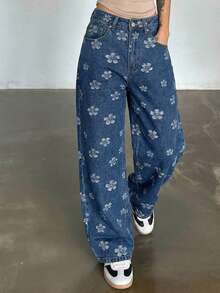 DAZY Jeans de uso diario versátil y casual con bolsillo y estampado floral para mujer - Azul lavado medio - Ver 3