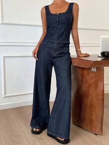 DAZY Conjunto casual de top de mezclilla de cuello en V profundo y pantalones vaqueros anchos y sueltos para mujer - Azul lavado oscuro - Ver 4