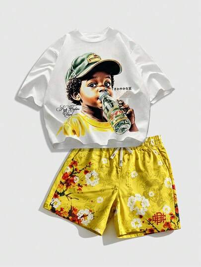 ROMWE MEN Bộ đồ nam cổ tròn mới mùa hè 2026, quần short đi biển phong cách đường phố thường ngày và áo thun tay ngắn cổ tròn.