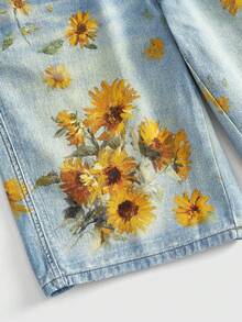 ROMWE MEN Street Life Quần short denim nam dáng suông, rộng rãi, đa năng, họa tiết hoa hướng dương, đã qua xử lý giặt. - Màu xanh lam - Xem 4