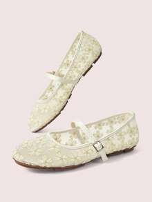 CUCCOO DOLLMOD Sepatu Wanita Modis Lucu Manis Ujung Bulat Bordir Bunga Tulisan dengan Model Mary Jane Flats - Aprikot Bunga Pir - View 3