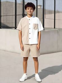SHEIN 2pcs/Set Tween BoyCasual Striped Texture Shirt & Shorts Set, Comfortable Fashionable Outfit - Khaki - View 3