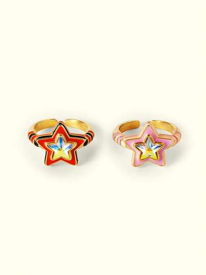 Popjeli 18KGold-Plated,European And American Color Oil Drop Copper Star Ring Female Design Sense Five-Pointed Star Multi-Color Ring Ring,Y2K/Cute/Colorful/Chic,For Mom/Women/Girl/Mother,Summer/Beach/Prom/Part/Vacation/Travel,PINK,DIY,Heart