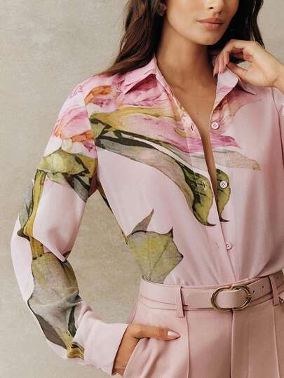 Anewsta New Arrival Spring/Summer Elegant Fashion Floral Print Chiffon Long Sleeve Blouse For Women, Suitable For Outing, Party, Holiday, Work