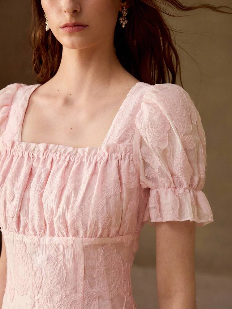 WOMEN'S ROSE JACQUARD PETAL SLEEVE SHORT DRESS