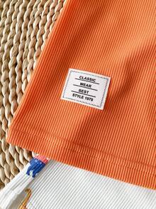 SHEIN Playful Pals 2件組男嬰卡通恐龍刺繡字母深橘色T恤搭配白色印花短褲，柔軟羅紋針織夏季休閒可愛套裝，適合海灘度假 - 橘色 - 查看 3