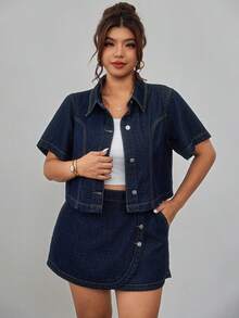 Elenzga 大码女式单排扣休闲百搭日常水洗牛仔外套 - 深色水洗藍 - 查看 6