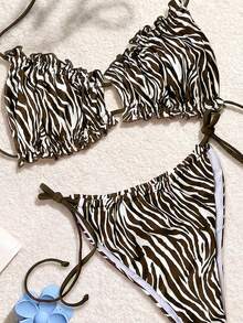 Swim SXY Bộ bikini gợi cảm buộc dây cổ, xếp ly, họa tiết da báo, dành cho nữ mùa hè 2026. - Nhiều màu - Xem 2