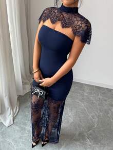 SHEIN Elenzya Elegant Solid Color Lace Patchwork Summer Dress - Navy Blue - View 6